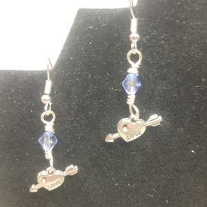Hand Crafted Silver and Light Blue Bicone Crystal with Love Heart Earrings
